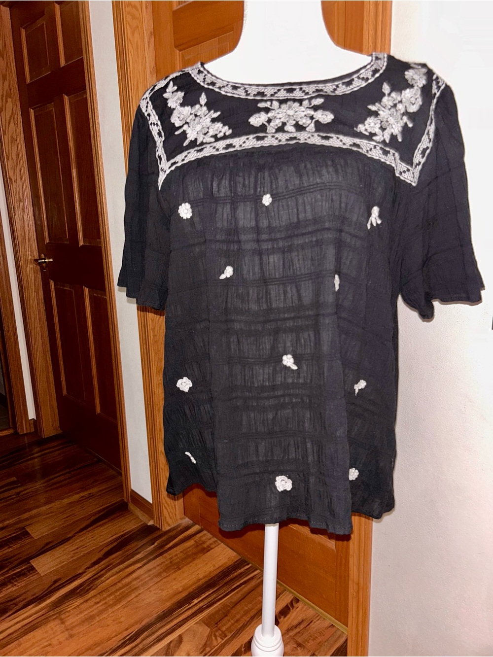 Knox Rose Black Blouse with White Floral Embroidery